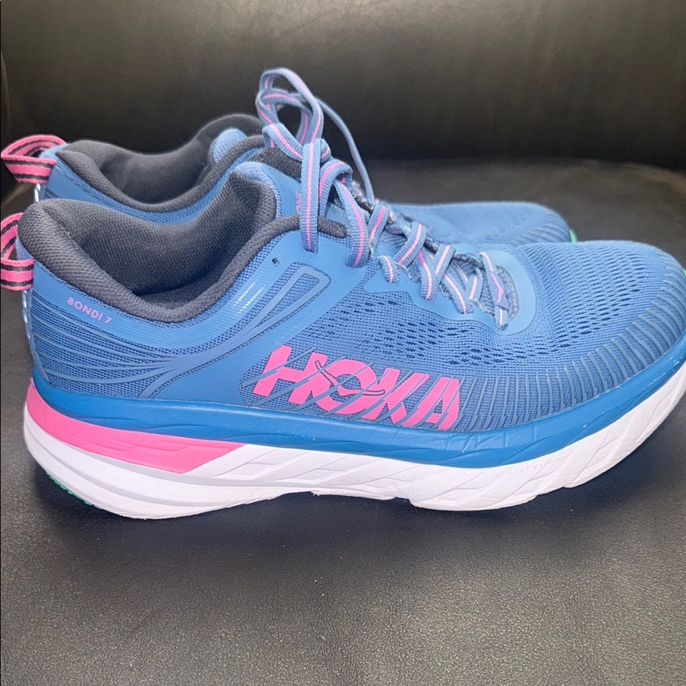 Hoka Blue and Pink Athletic Shoes with Maximalist Cushioning